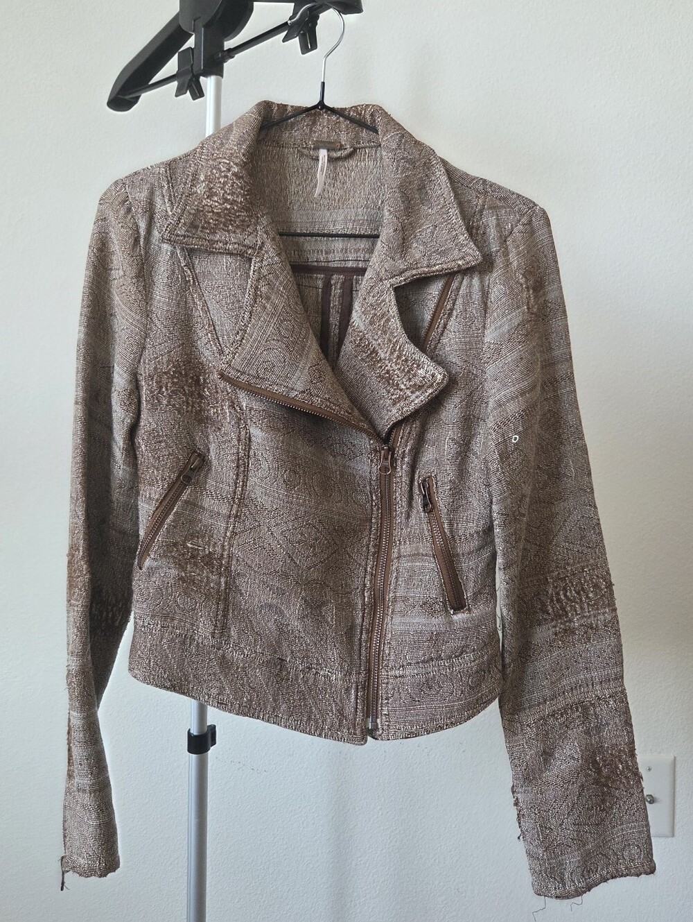 Free People Brown Textured Tapestry Moto Jacket Biker Zip Up Size 2
